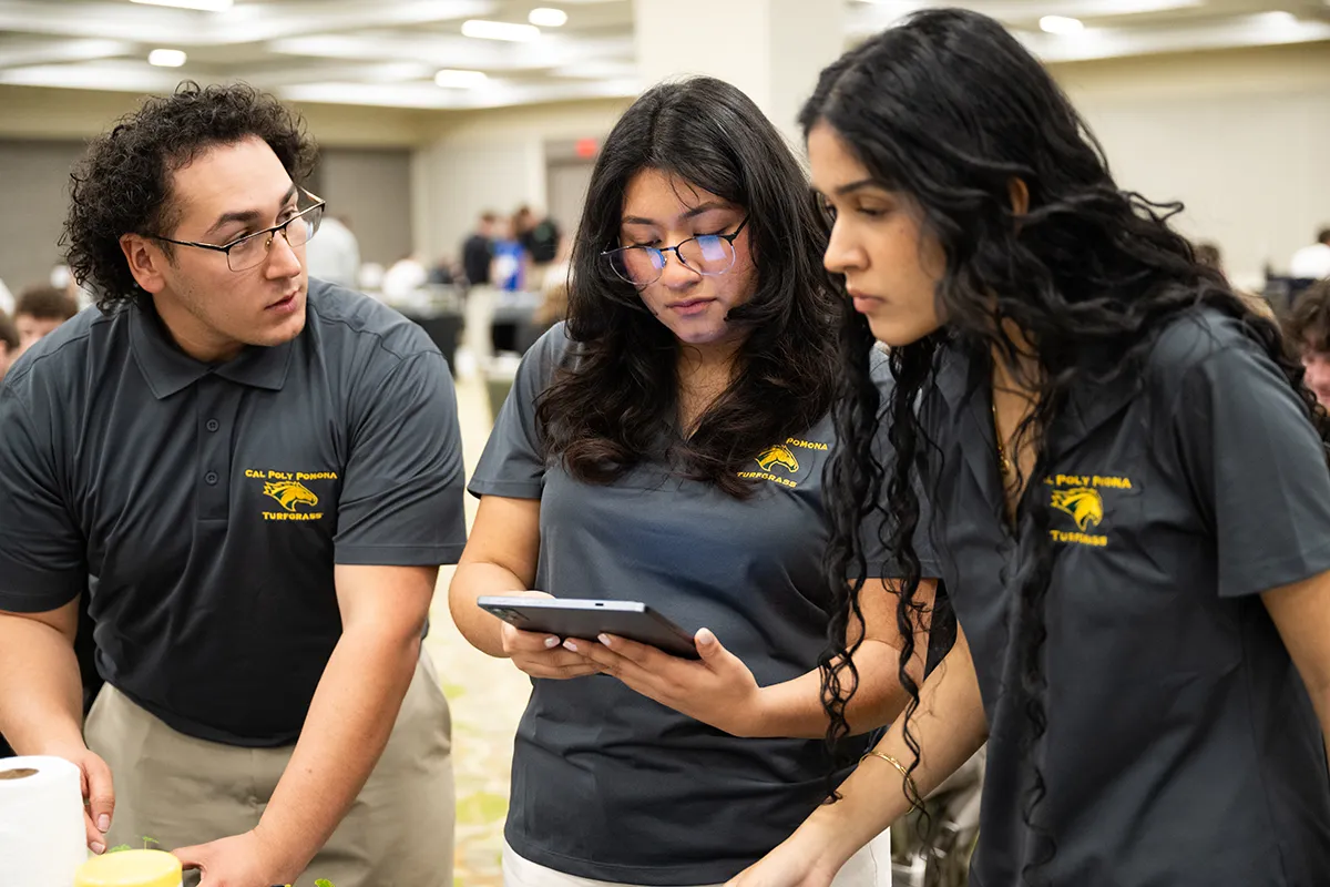 Three turfgrass students in matching polos review data on a tablet at a Collegiate Turf Bowl competition.